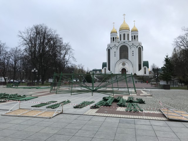 На площади Победы в Калининграде начали устанавливать новогоднюю ёлку