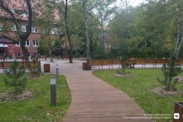 В парке перед гимназией «Вектор» в Зеленоградске высадили чёрные сосны и красные клёны