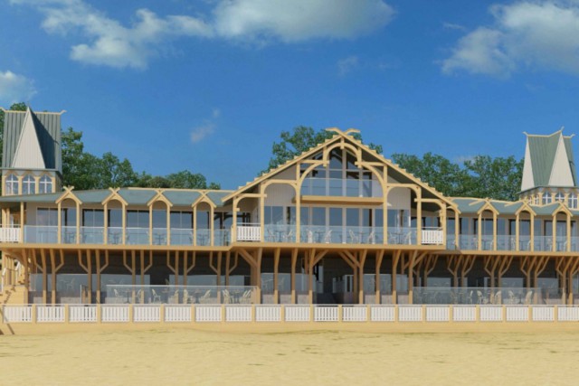 На пляже Зеленоградска начали строить летнее кафе в историческом стиле