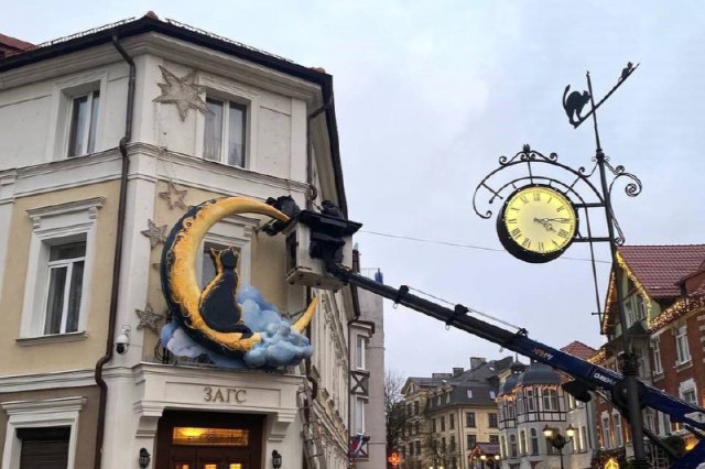 Фасад здания ЗАГСа в Зеленоградске украсили световой инсталляцией с изображением кота